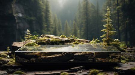 podium product stand or display with leaf, rock, forest background and cinematic lightの素材