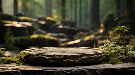 podium product stand or display with leaf, rock, forest background and cinematic lightの素材
