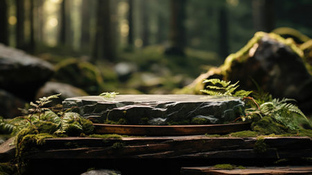 podium product stand or display with leaf, rock, forest background and cinematic lightの素材
