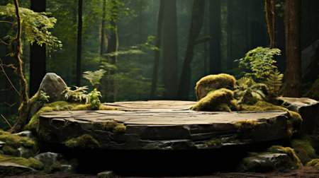 podium product stand or display with leaf, rock, forest background and cinematic lightの素材
