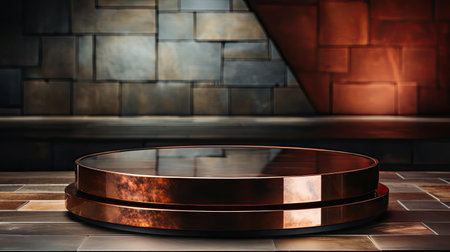 Metal podium product stand or display with blur background and cinematic lightの素材