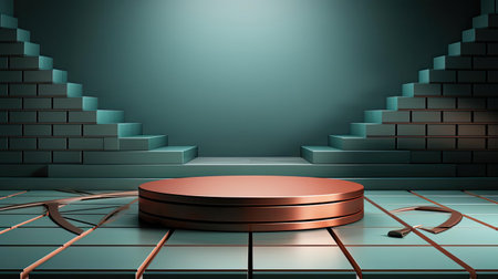 Metal podium product stand or display with blur background and cinematic lightの素材