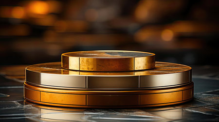 Metal podium product stand or display with blur background and cinematic lightの素材