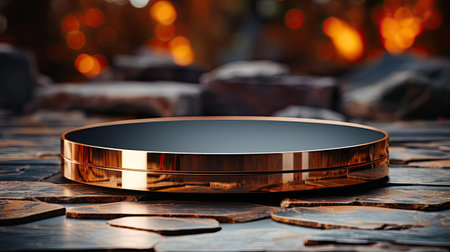 Metal podium product stand or display with blur background and cinematic lightの素材