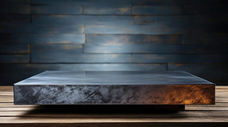 Metal podium product stand or display with blur background and cinematic lightの素材