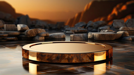 podium product stand or display with gold, luxury background and cinematic lightの素材
