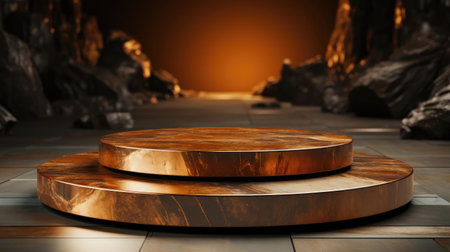 podium product stand or display with gold, luxury background and cinematic lightの素材