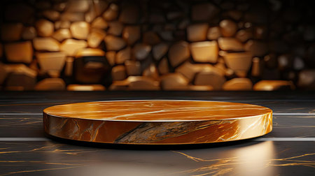 podium product stand or display with gold, luxury background and cinematic lightの素材