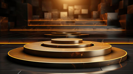 podium product stand or display with gold, luxury background and cinematic lightの素材