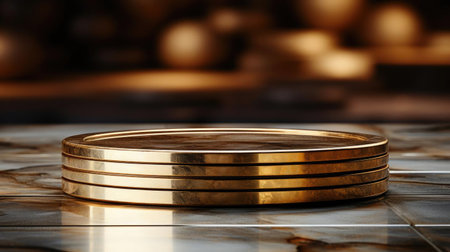 podium product stand or display with gold, luxury background and cinematic lightの素材