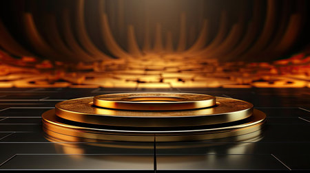 podium product stand or display with gold, luxury background and cinematic lightの素材