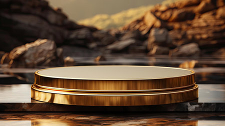 podium product stand or display with gold, luxury background and cinematic lightの素材