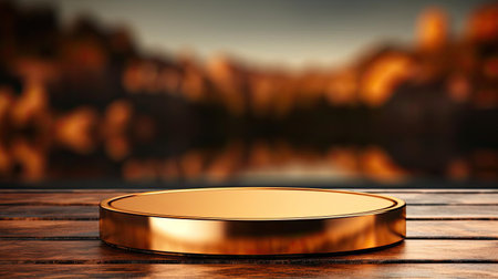 podium product stand or display with gold, luxury background and cinematic lightの素材