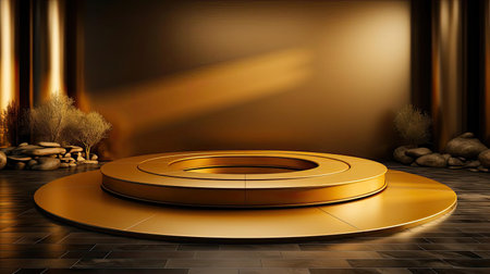 podium product stand or display with gold, luxury background and cinematic lightの素材