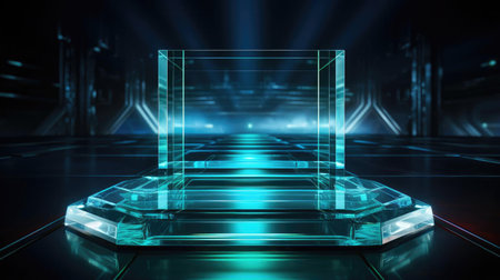 glass podium product stand or display with modern style, blur background and cinematic lightの素材
