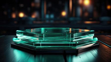 glass podium product stand or display with modern style, blur background and cinematic lightの素材