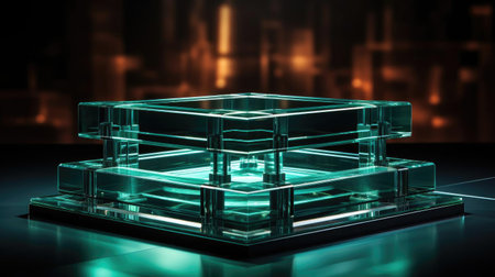 glass podium product stand or display with modern style, blur background and cinematic lightの素材