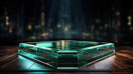 glass podium product stand or display with modern style, blur background and cinematic lightの素材
