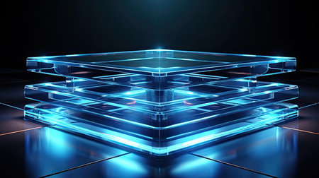 glass podium product stand or display with modern style, blur background and cinematic lightの素材