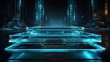glass podium product stand or display with modern style, blur background and cinematic lightの素材