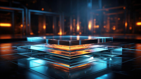 glass podium product stand or display with modern style, blur background and cinematic lightの素材