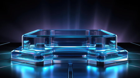 glass podium product stand or display with modern style, blur background and cinematic lightの素材