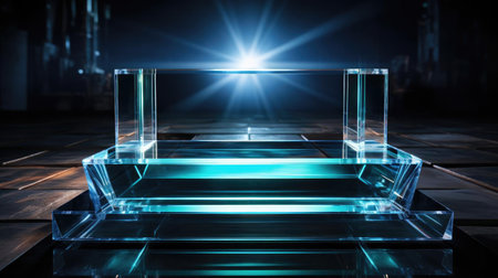 glass podium product stand or display with modern style, blur background and cinematic lightの素材