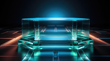 glass podium product stand or display with modern style, blur background and cinematic lightの素材