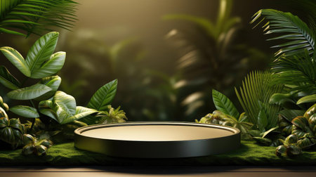 podium product stand or display with leaf, green background and cinematic lightの素材