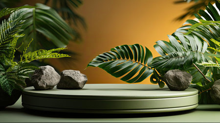 podium product stand or display with leaf, green background and cinematic lightの素材