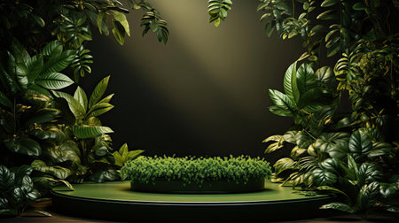 podium product stand or display with leaf, green background and cinematic lightの素材