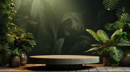 podium product stand or display with leaf, green background and cinematic lightの素材