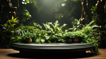 podium product stand or display with leaf, green background and cinematic lightの素材