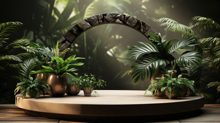 podium product stand or display with leaf, green background and cinematic lightの素材