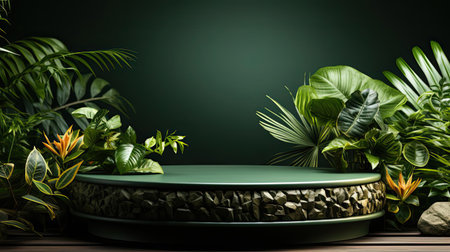 podium product stand or display with leaf, green background and cinematic lightの素材