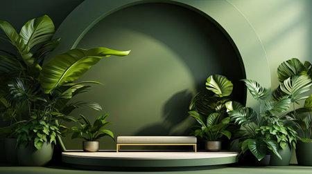 podium product stand or display with leaf, green background and cinematic lightの素材