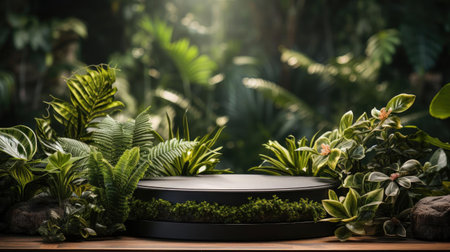 podium product stand or display with leaf, green background and cinematic lightの素材