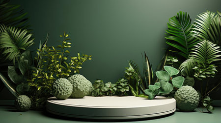 podium product stand or display with leaf, green background and cinematic lightの素材