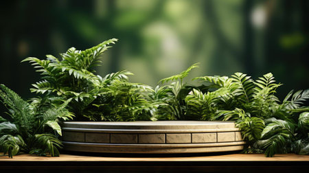 podium product stand or display with leaf, green background and cinematic lightの素材