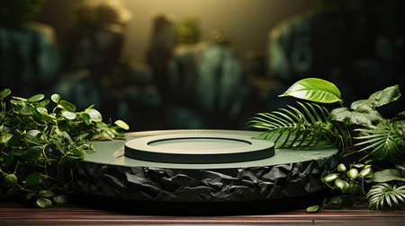 podium product stand or display with leaf, green background and cinematic lightの素材