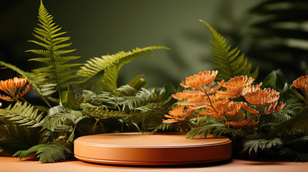 podium product stand or display with leaf, green background and cinematic lightの素材