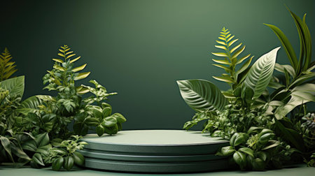 podium product stand or display with leaf, green background and cinematic lightの素材