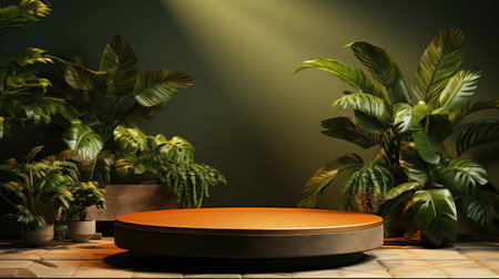 podium product stand or display with leaf, green background and cinematic lightの素材