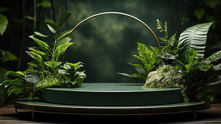podium product stand or display with leaf, green background and cinematic lightの素材