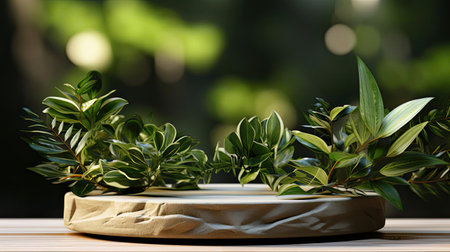 podium product stand or display with leaf, green background and cinematic lightの素材