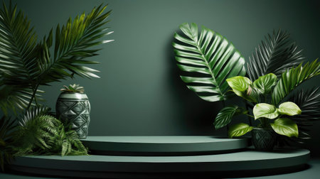 podium product stand or display with leaf, green background and cinematic lightの素材