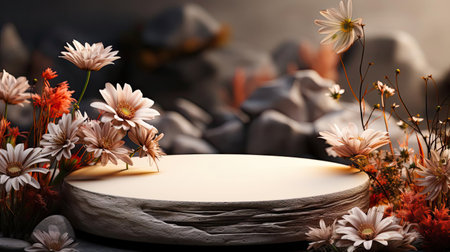 podium product stand or display with flowers, blur background and cinematic lightの素材