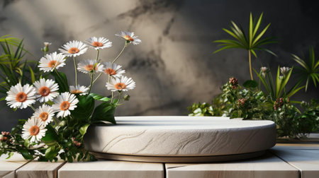podium product stand or display with flowers, blur background and cinematic lightの素材
