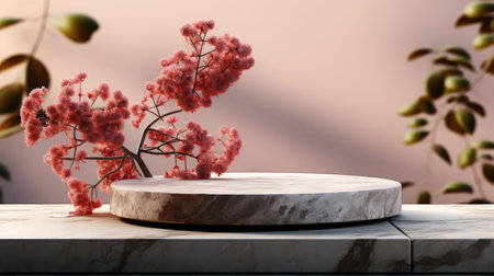 podium product stand or display with flowers, blur background and cinematic lightの素材