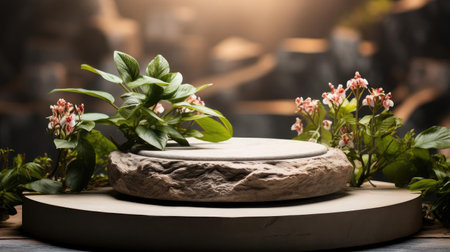 podium product stand or display with flowers, blur background and cinematic lightの素材